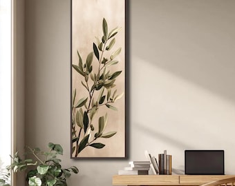 Minimal Olive Branch Canvas Wall Art, Neutral Botanical Vertical Artwork for Modern Living Room Bedroom Office Decor Print