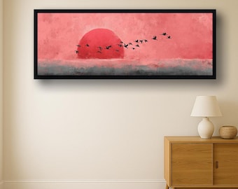 Lienzo panorámico Sol Rojo para pared, decoración minimalista japonesa, arte paisajístico zen, puesta de sol abstracta moderna, lámina decorativa para colocar sobre la cama.