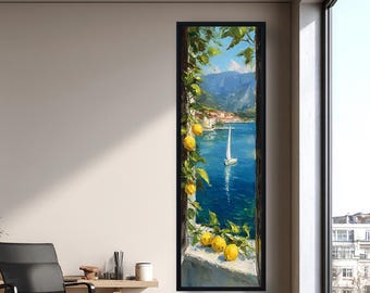 Coastal Lemon Wall Art Vertical, Mediterranean Sea Canvas Print, Sailboat Landscape Painting, Summer Beach Home Decor Artwork