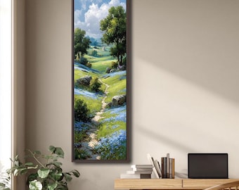 Cuadro vertical de paisaje rural, pintura de sendero en prado primaveral, decoración de pared de naturaleza, arte cottagecore, decoración de pared de estilo rústico.