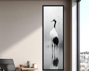 Cuadro de grulla en blanco y negro, lienzo minimalista zen, obra de arte de aves de estilo japonés, decoración vertical y tranquila para dormitorio, baño y entrada.