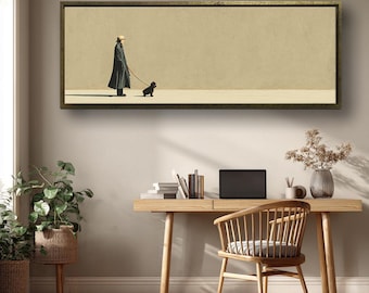 Cuadro panorámico minimalista de perro paseando, decoración moderna y neutra, arte estético para un estilo de vida moderno, lámina minimalista para colocar sobre la cama.