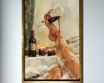Wine Bath Canvas Wall Art Vertical Figurative Painting Elegant Wine Aesthetic Artwork for Living Room Bedroom Modern Interior Decor