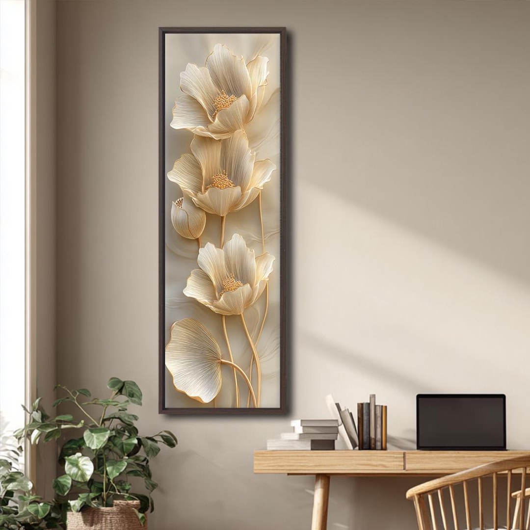 Gold Floral Canvas Wall Art, Elegant White Flower Painting, Vertical ...