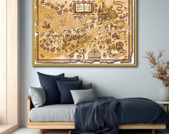 ファンタジー世界地図キャンバス、ヴィンテージアドベンチャーウォールアート、魔法の世界のイラストプリント、オフィスや読書室のアンティークスタイルの地図装飾
