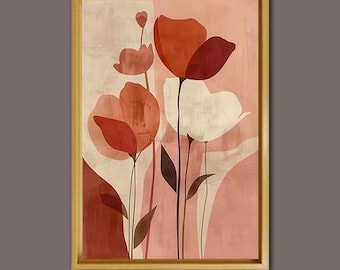 May include: Abstract floral art print in a gold frame. The artwork features stylized flowers in shades of red, white, and pink against a soft pink background. The flowers have long, slender stems and dark green leaves. The overall design is minimalist and modern.