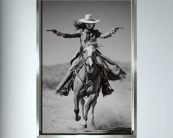 Black and White Cowgirl Canvas Wall Art, Western Horse Photography, Vintage Wild West Decor for Bedroom Living Room