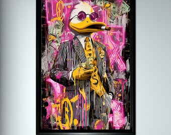 Millionaire Duck Art Canvas, Rich Duck Suit Graffiti Print, Modern Pop Art Decor