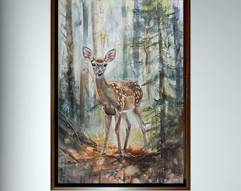 Forest Deer Watercolor Art, Peaceful Woodland Fawn Canvas Print, Nature Wildlife Painting Wall Decor for Living Room Bedroom Cabin