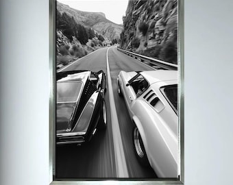 Lienzo decorativo de coches clásicos en blanco y negro, fotografía retro de viajes por carretera, decoración de carreras vintage para sala de estar, oficina y garaje.