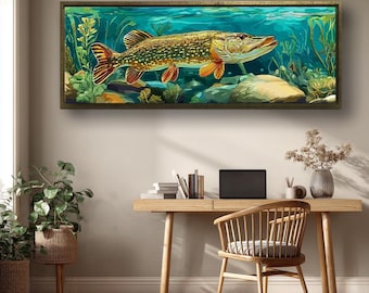 May include: A framed art print featuring a detailed illustration of a Northern Pike fish swimming underwater. The artwork showcases the fish in shades of gold, orange, and green, set against a blue and green aquatic background. The frame is a dark brown color.