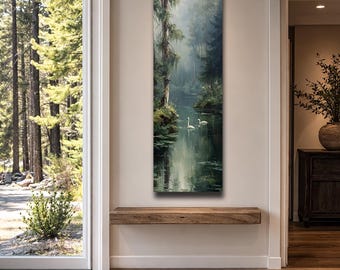 Cuadro decorativo del Lago de los Cisnes, pintura de paisaje de bosque brumoso, lienzo vertical con motivos naturales, decoración verde y tranquila para sala de estar, dormitorio y recibidor.