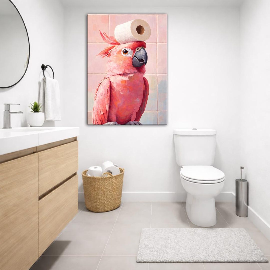 Funny Parrot Bathroom Wall Art Canvas Print, Pink Cockatoo Toilet Humor ...