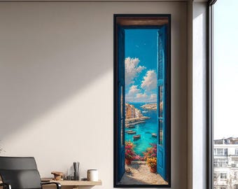 Cuadro vertical con vista a una ventana mediterránea, paisaje costero italiano con vista al mar, puerta azul con vista al océano, decoración de viaje para la pared del dormitorio.