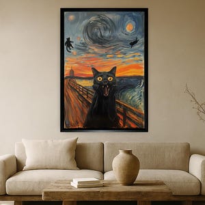 May include: Framed art print depicting a black cat with an open mouth, set against a swirling sky, inspired by Edvard Munch's "The Scream." The cat has yellow eyes, and the artwork is framed in black. The background includes a bridge and a sunset.