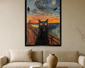 Lienzo con un divertido grito de gato negro, decoración de pared con parodia, pintura moderna de animales, obra de arte humorística de gatos, estilo pop art, impresión abstracta colorida.
