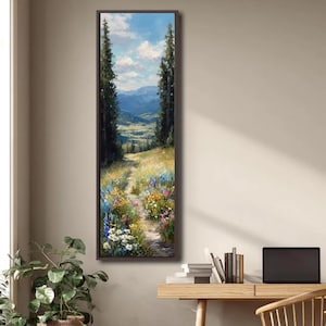 Sunlit Meadow Path Canvas Wall Art, Vertical Mountain Landscape Print, Wildflower Nature Artwork for Living Room Bedroom Decor