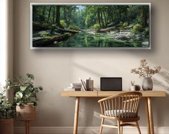 Arte mural de río forestal, pintura de paisaje de arroyo natural, obra de arte panorámica de arroyo boscoso, decoración de naturaleza verde para sala de estar y dormitorio.