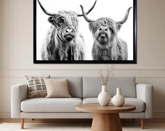 Highland Cow Canvas, Black and White Animal Wall Art, Funny Cow Duo Print, Rustic Farmhouse Decor for Living Room or Country Home