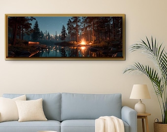 Campfire Lake Canvas Wall Art, Starry Night Forest Painting, Tranquil Nature Landscape, Cozy Outdoor Scene for Bedroom or Living Room