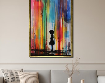 Puede incluir: Pintura abstracta enmarcada con borde dorado. La obra presenta la silueta de una persona de pie frente a trazos verticales coloridos. Los colores incluyen rojo, naranja, amarillo, verde, azul y morado.