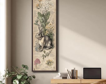 Cuadro vertical de conejo botánico vintage para pared, ilustración de conejo estilo cottagecore, lámina de naturaleza antigua, decoración de animales de granja.