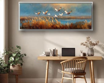 Cuadro panorámico de paisaje con aves volando, decoración de pared inspirada en la naturaleza, arte de campo dorado, cuadro para encima de la cama, decoración de dormitorio de lujo.