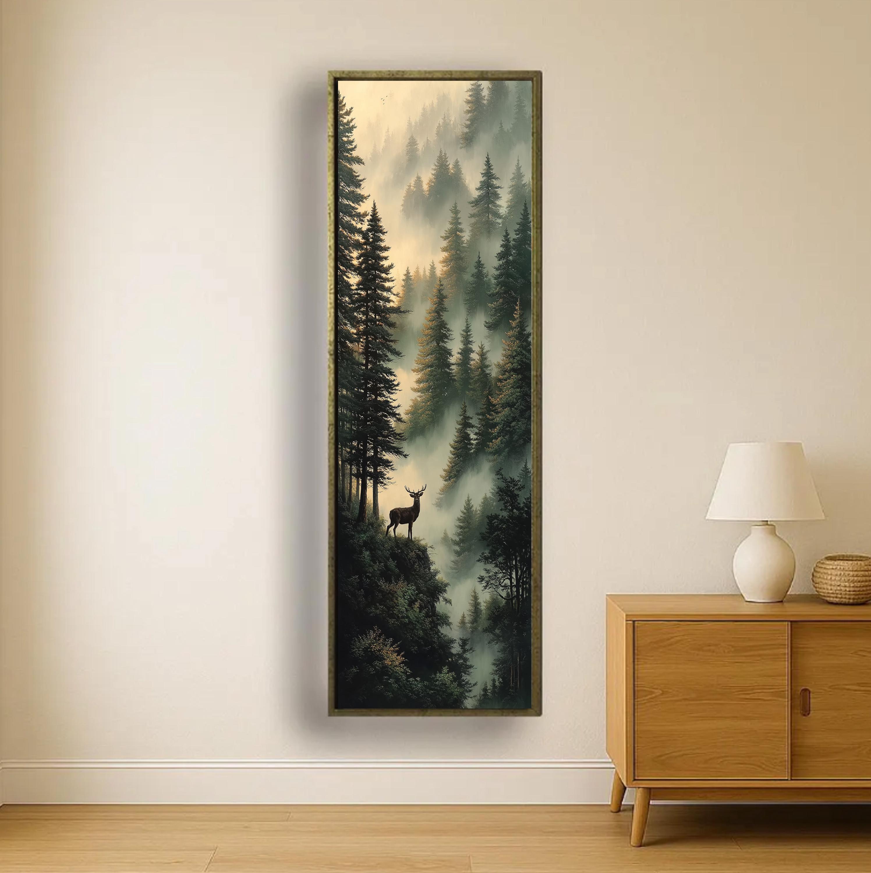 Misty Forest Deer Canvas Wall Art, Vertical Woodland Landscape Print ...