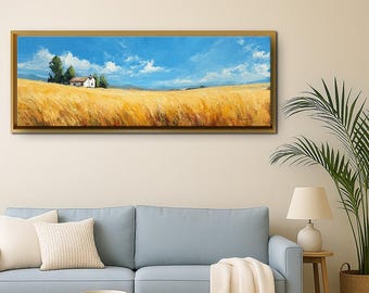 Arte paisajístico de campo de trigo dorado, impresión panorámica en lienzo, decoración rústica de pared de granja para sala de estar, dormitorio y oficina.