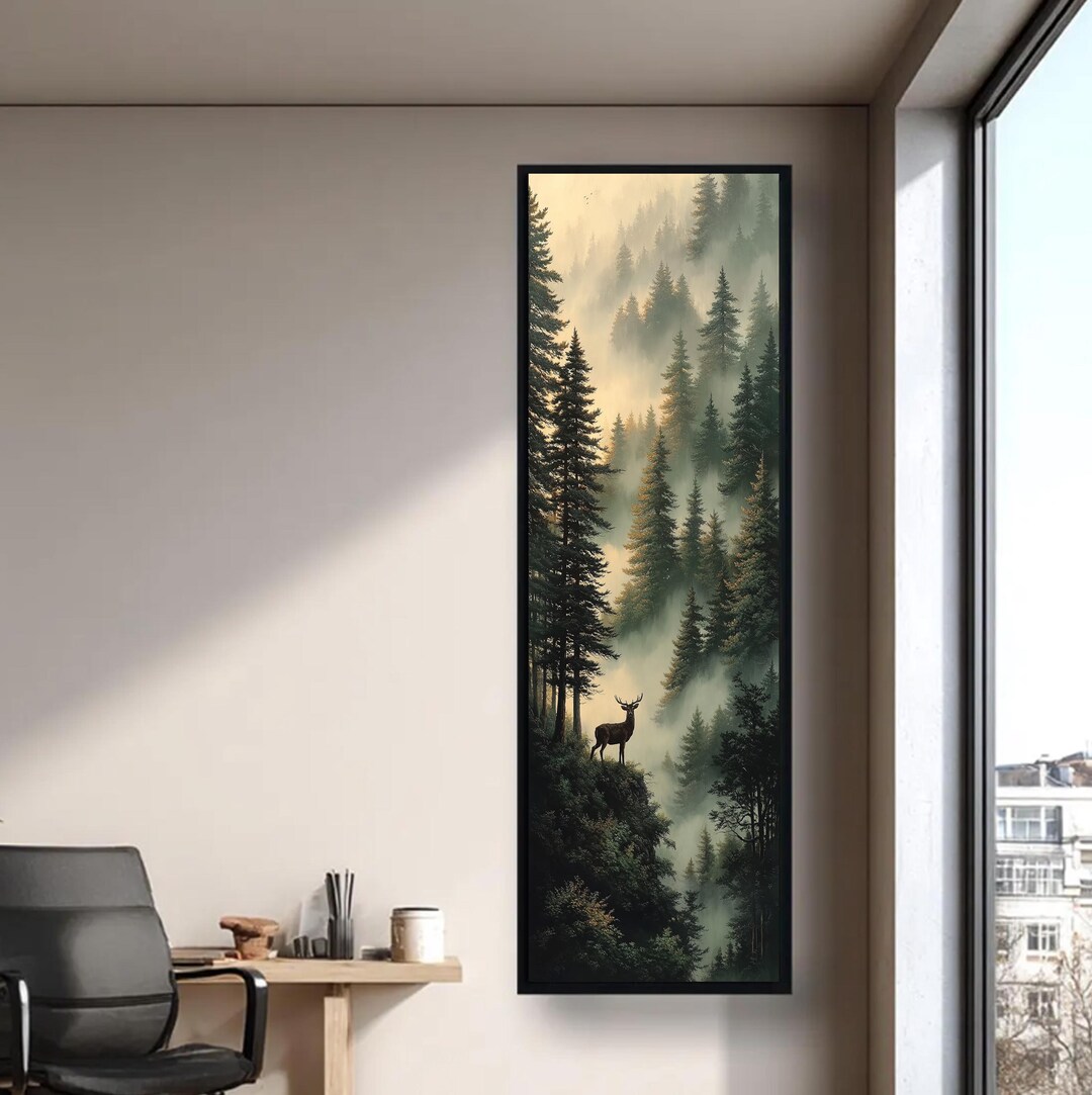 Misty Forest Deer Canvas Wall Art, Vertical Woodland Landscape Print ...