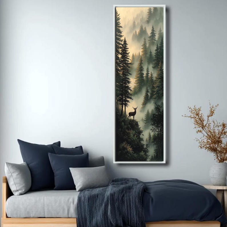 Misty Forest Deer Canvas Wall Art, Vertical Woodland Landscape Print ...
