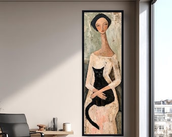 Woman with Black Cat Canvas Wall Art, Figurative Cat Canvas Print, Modern Folk Art Portrait, Vertical Home Decor, Cat Lover Gift for Her Art