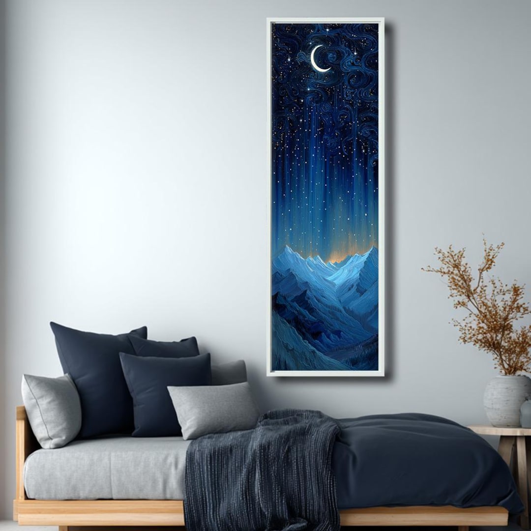 Crescent Moon Over Blue Mountains Canvas Art, Dreamy Night Sky Painting ...