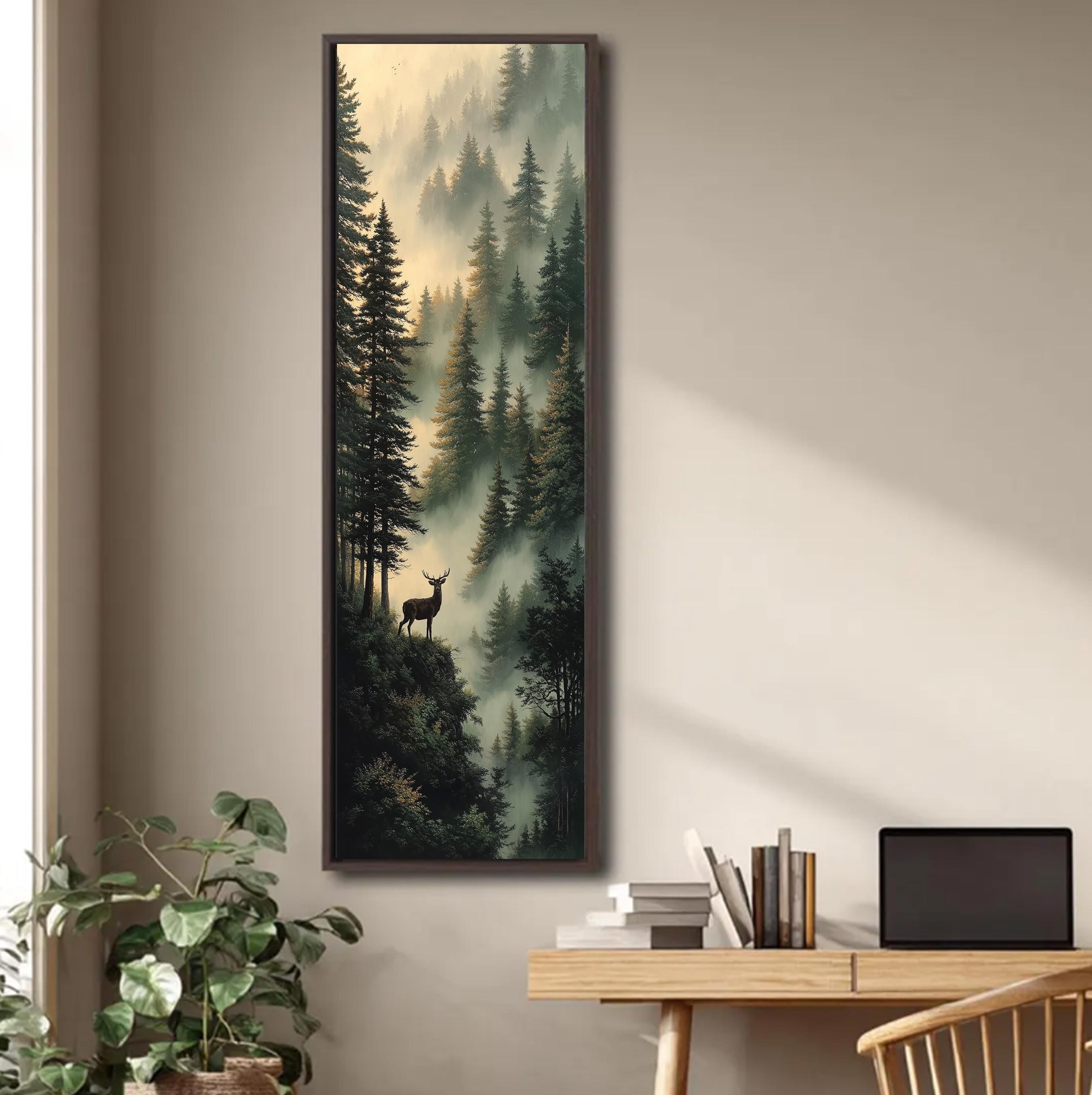 Misty Forest Deer Canvas Wall Art, Vertical Woodland Landscape Print ...