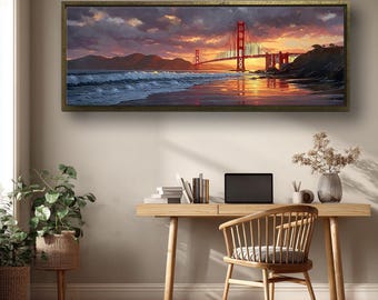 Golden Gate Bridge Sunset Canvas Art, Panoramic San Francisco Wall Decor, Coastal City Landscape Print for Living Room Bedroom