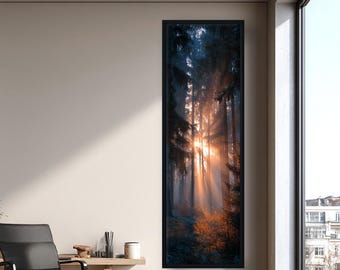 森の日の出キャンバスウォールアート、木々を照らす黄金の光、自然風景画、リビングルームや寝室の縦型森の装飾
