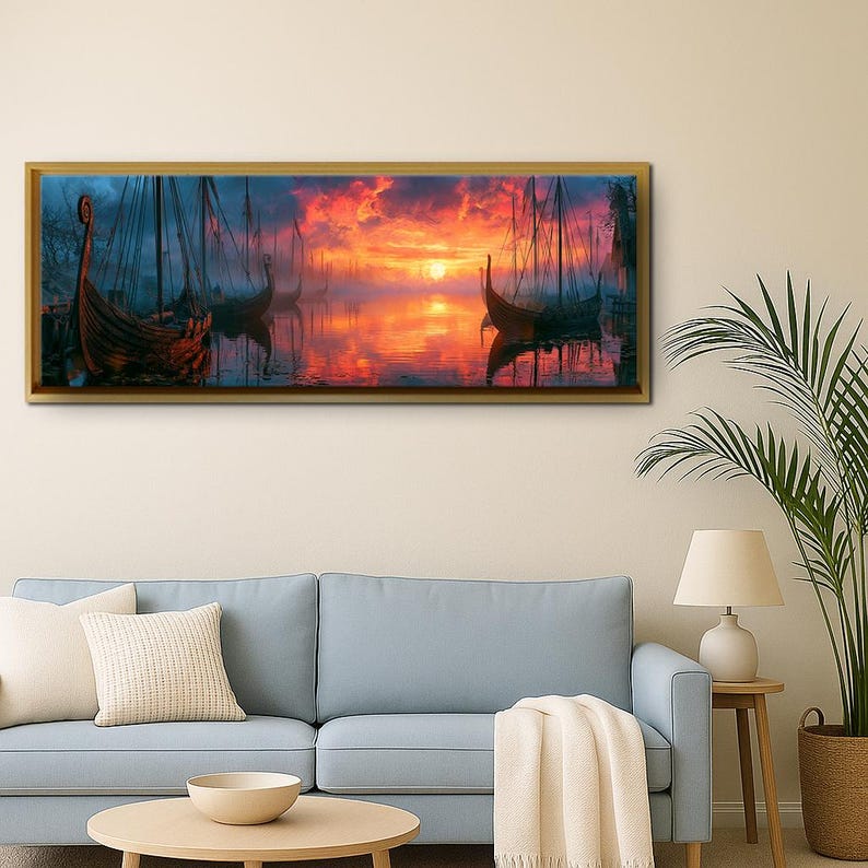 Viking Ship Canvas Wall Art Nordic Sunset Seascape Print Dramatic 