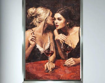 Intimate Women Wine Wall Art Canvas Print, Elegant Whisper Scene Painting, Romantic Female Figure Artwork for Living Room Decor Wall Art