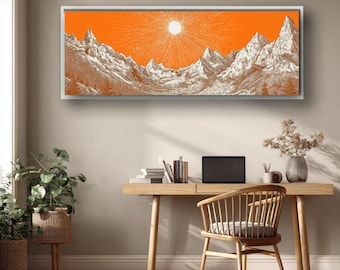 Cuadro de pared con diseño de montaña y sol radiante, panorama paisajístico en tonos naranjas, pintura minimalista de cordillera, decoración moderna inspirada en la naturaleza.