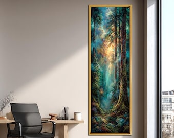 Mystical Forest Canvas Wall Art, Sunlit Woodland Canvas Print, Tall Tree Landscape Painting, Vertical Nature Decor, Forest Gift