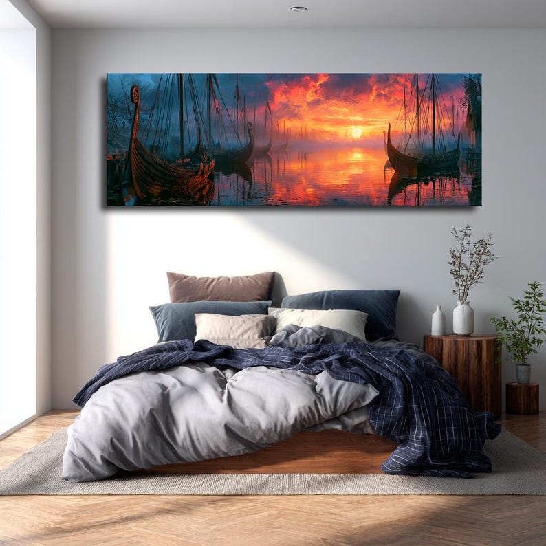 Viking Ship Canvas Wall Art Nordic Sunset Seascape Print Dramatic 