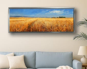 Impresión en lienzo panorámica de campo de trigo dorado, amplio paisaje rústico de granja, decoración minimalista natural para sala de estar, dormitorio y oficina.