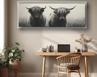 Highland Cows Canvas Wall Art, Black and White Rustic Farmhouse Print, Scottish Bull Duo Photography for Bedroom or Living Room Decor