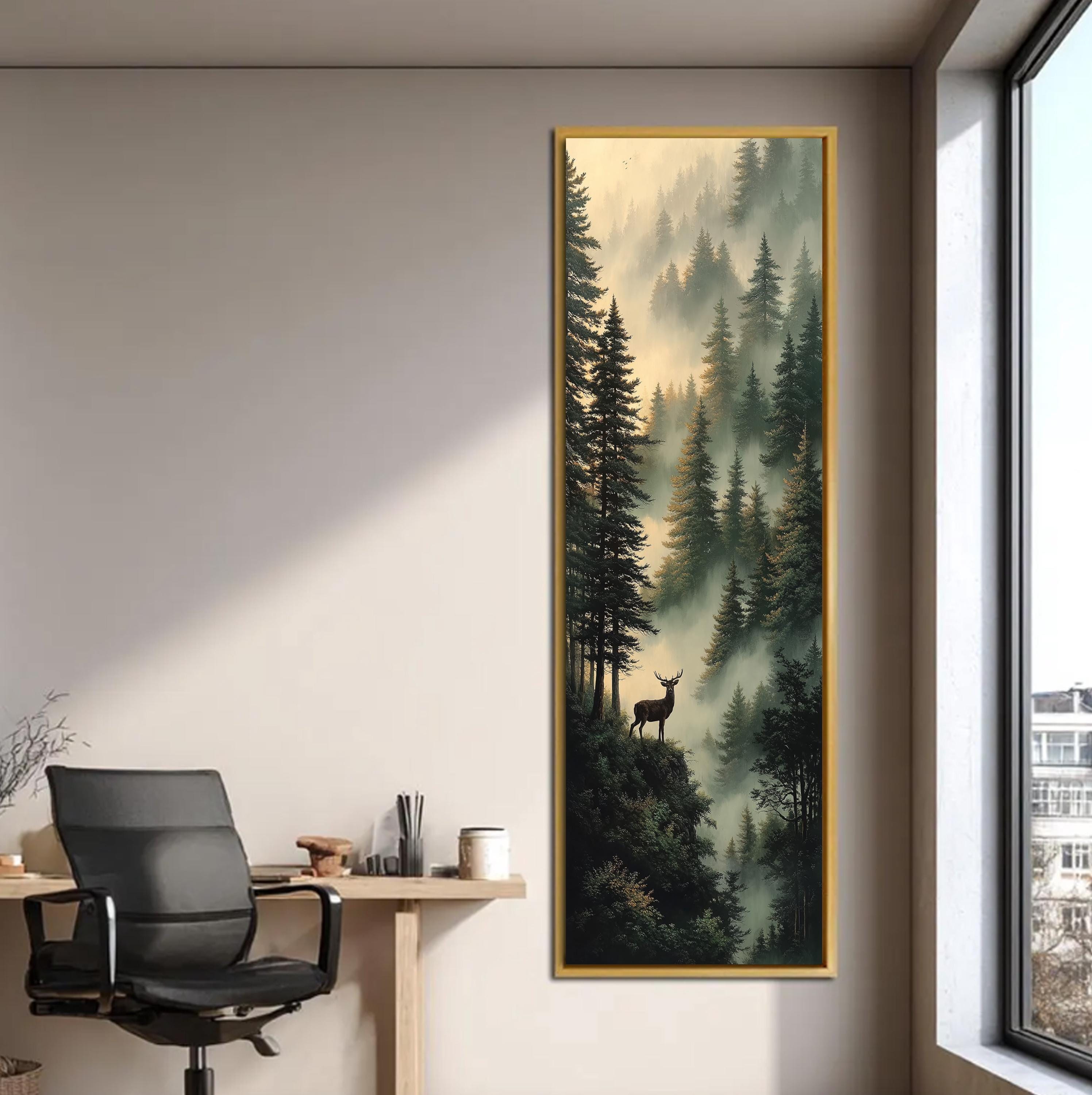 Misty Forest Deer Canvas Wall Art, Vertical Woodland Landscape Print ...