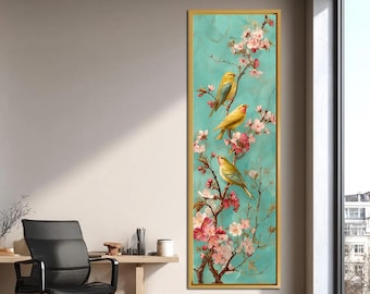 Cuadro vertical de pájaros, pintura de flores de cerezo, obra de arte floral natural, decoración botánica en tonos pastel para dormitorio, sala de estar o recibidor. Regalo ideal.