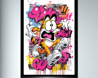 青い漫画猫のグラフィティウォールアートプリント、都会的なストリート