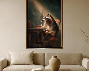 Funny Raccoon Bar Canvas Wall Art, Moody Animal Painting with Whiskey Glass, Dark Humor Artwork for Living Room Man Cave Decor