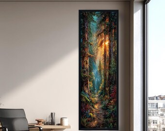 Forest Path Canvas Wall Art, Tall Pine Forest Canvas Print, Woodland Landscape Painting, Nature Trail Decor, Vertical Canvas Gift
