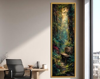Forest Bench Canvas Wall Art, Woodland Retreat Canvas Print, Peaceful Nature Painting, Vertical Forest Landscape Decor, Cabin Gift