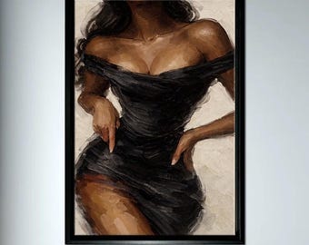 Sensual Woman Figure Wall Art Canvas Print, Elegant Black Dress Abstract Female Painting, Modern Bedroom Living Room Decor